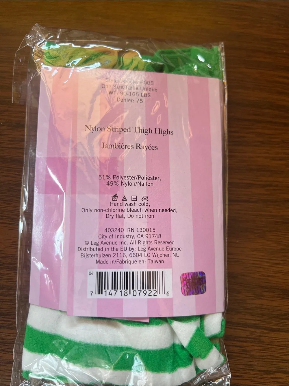 NWT- Leg Avenue Nylon Green and White Striped Thigh High Stockings - One Size
